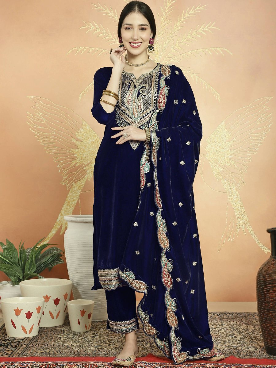 Aastha Fashion Women's Navy Blue Velvet Cording with Resham Thread & Sequin Kurta with Trouser & Dupatta - Grab2buy