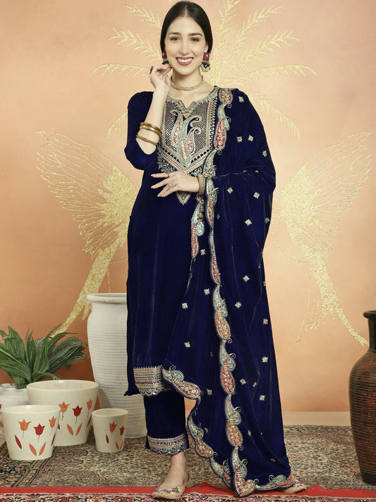 Aastha Fashion Women's Navy Blue Velvet Cording with Resham Thread & Sequin Kurta with Trouser & Dupatta - Grab2buy