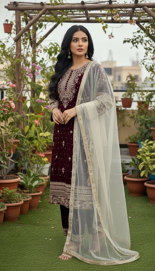 Joban Fashion Maroon Velvet Embroidery Sequence Work Readymade Kurta Set