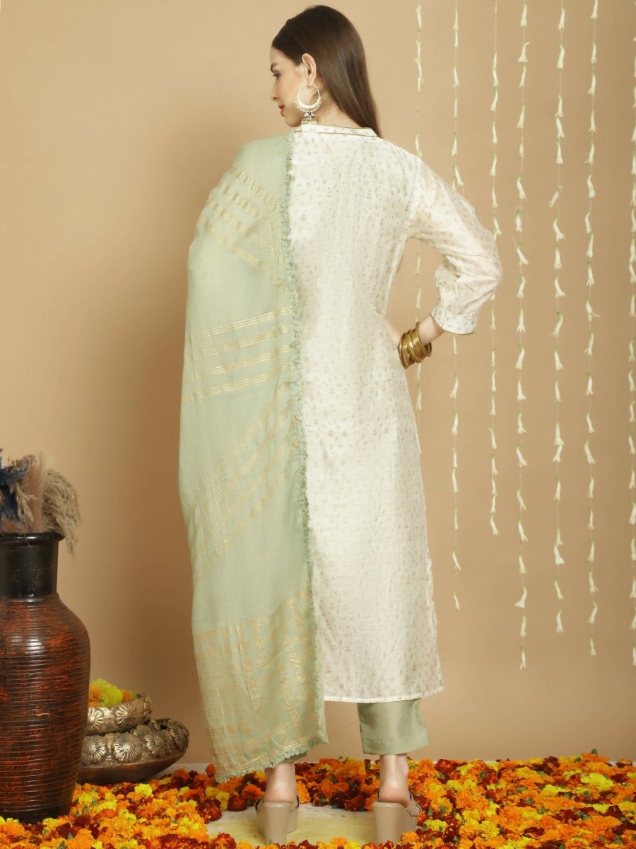 Aastha Fashion Women's Off White Chanderi Silk Elegant Jardoshi Kurta with Trouser & Dupatta - Grab2buy
