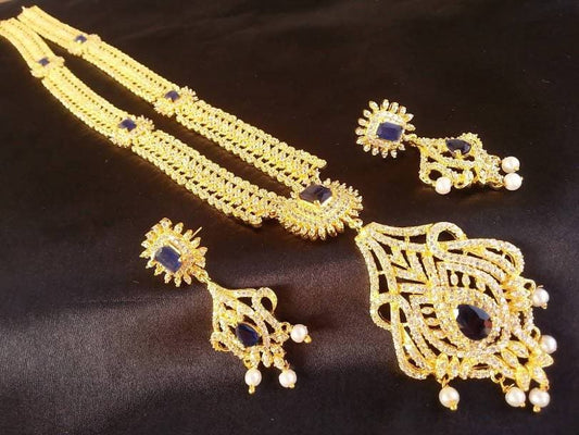 Blue AD Bridal Long Necklace Set Grab2Buy Mokshi Collections Grab2Buy