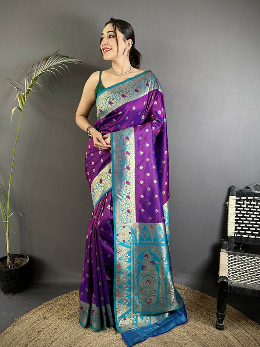 Joban Fashion Purple Intricate Motifs Soft Silk Banarasi Saree