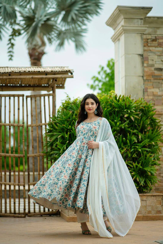 Teeya Creation Multicolor Muslin Silk Digital Print With Crochet Anarkali With Pants And Dupatta