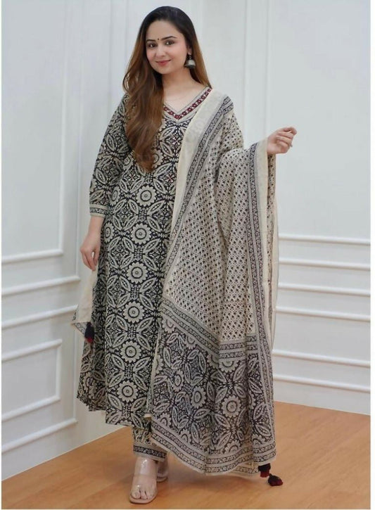 Alvano Anarkali Printed Kurti with Pant and Dupatta set for Women and Girls Rayon