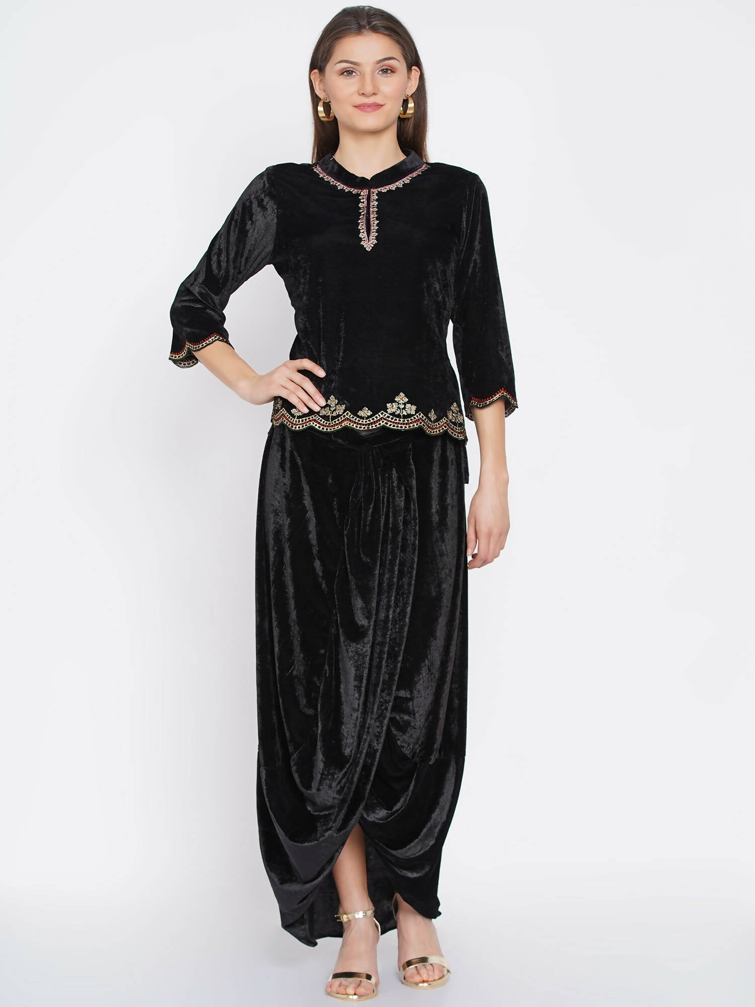Women Republic Black Velvet Embroiderd Koti With Dhoti Pants - Grab2buy