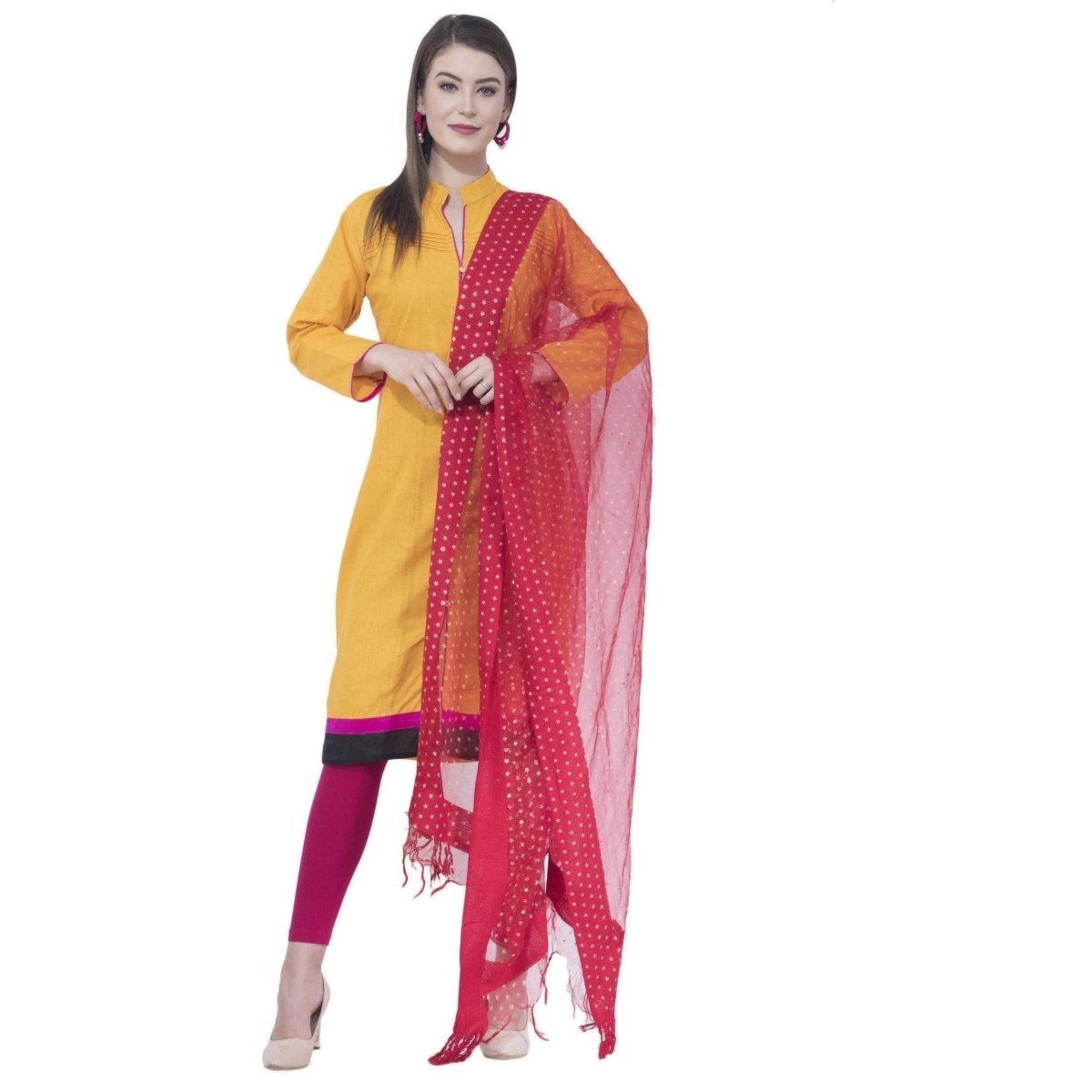 A R Silk Women's Gold Print Orgenza Cotton Mehroon Dupattas and Chunnis