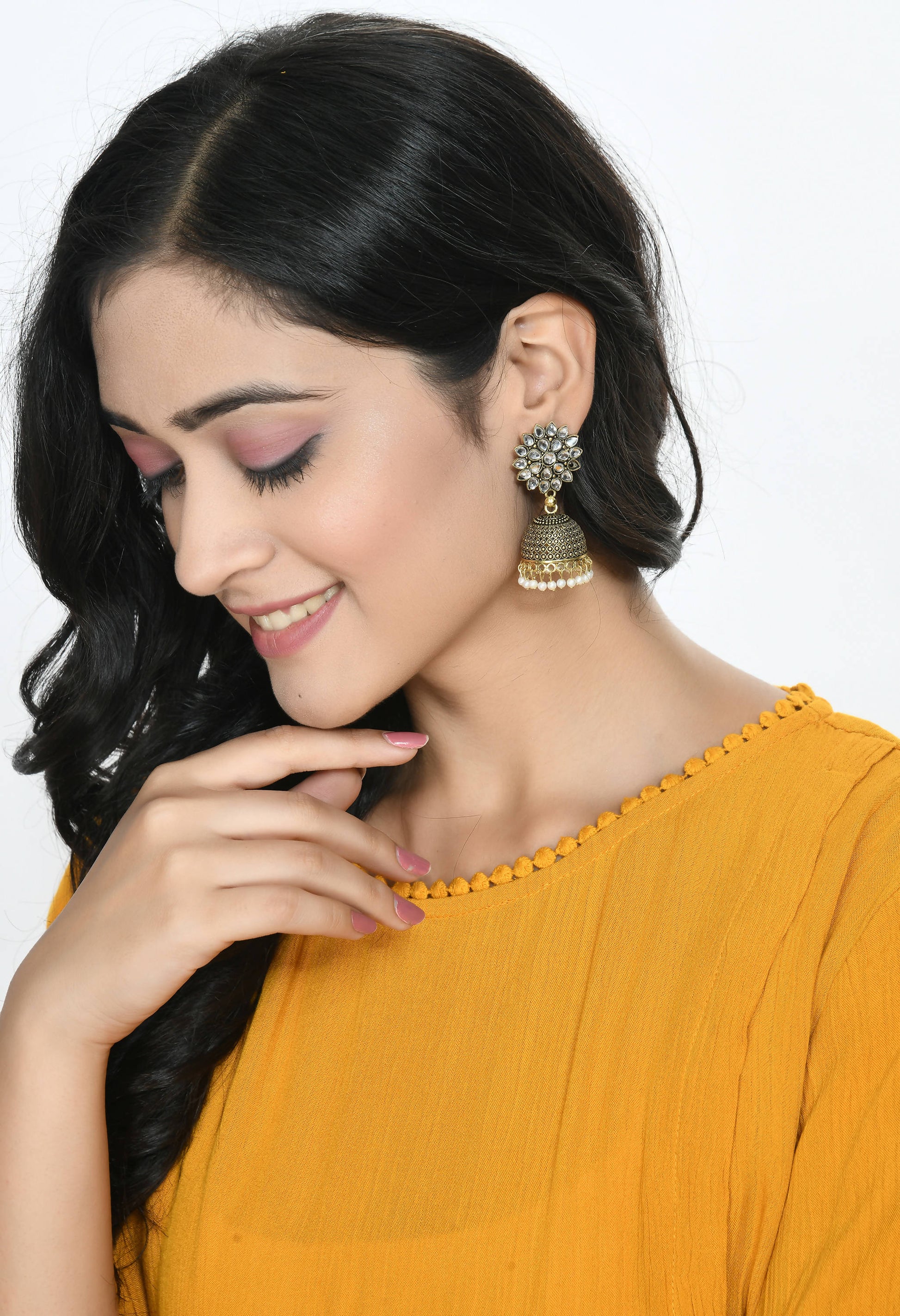 Mominos Fashion Johar Kamal Beautiful Kundan Work Jhumka With White Beads - Grab2buy