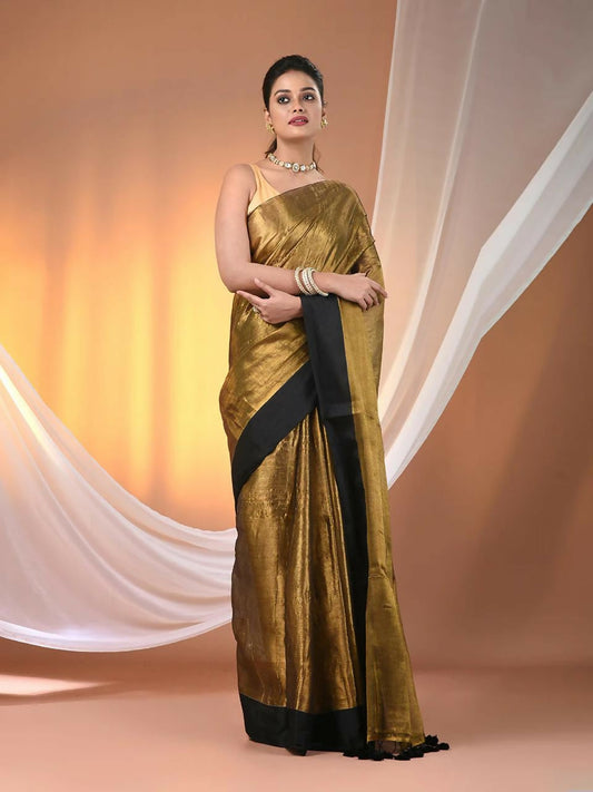 Exclusive Collection Beautiful Copper Black Tissue Silk Hand Weavinghandloomsaree With Running Blouse Piece
