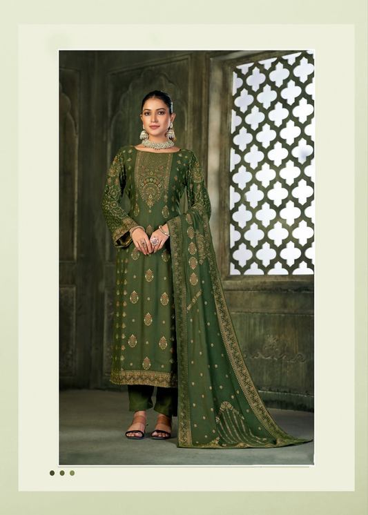 Green Viscose Pasmina Mina Work Kurta & Bottom with Dupatta - Natasha