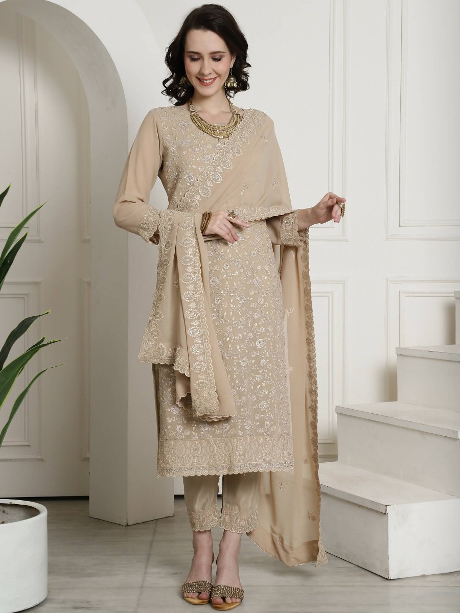 Aastha Fashion Women's Beige Georgette Floral Resham Thread with Cording & Crystal work Kurta with Trouser & Dupatta - Grab2buy
