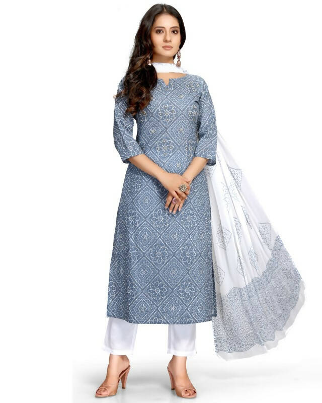 Aastha Fashion Women's Blue Cotton Embroidered Kurta with Trouser & Dupatta - Grab2buy