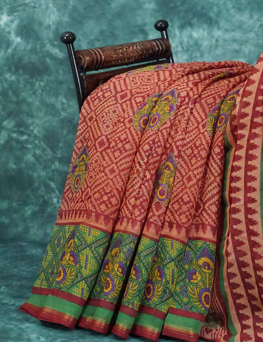 Mix of Orange and Teracotta Red Printed Semi Chanderi Grab2Buy By Gayathri Reddy Designer Studio