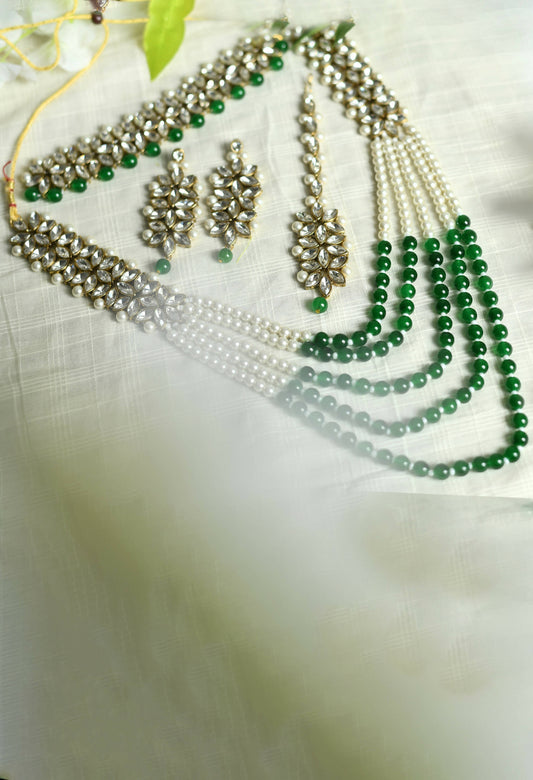 Mominos Fashion Johar Kamal Gold-Plated Rani Haar with Green and Off white Pearls Jewellery Set - Grab2buy