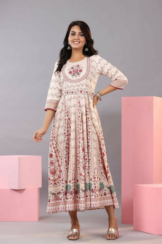 Juniper Women Ecru Rayon Floral Printed Kurta and Dupatta Set