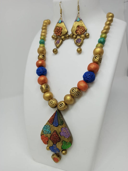 Terracotta Multi Colour Boho Style Neckset With Matching Earrings-Multi Colour