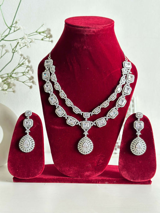 Siver American Diamond Two Layer Elegent Necklace Set With Earrings By House of Ree
