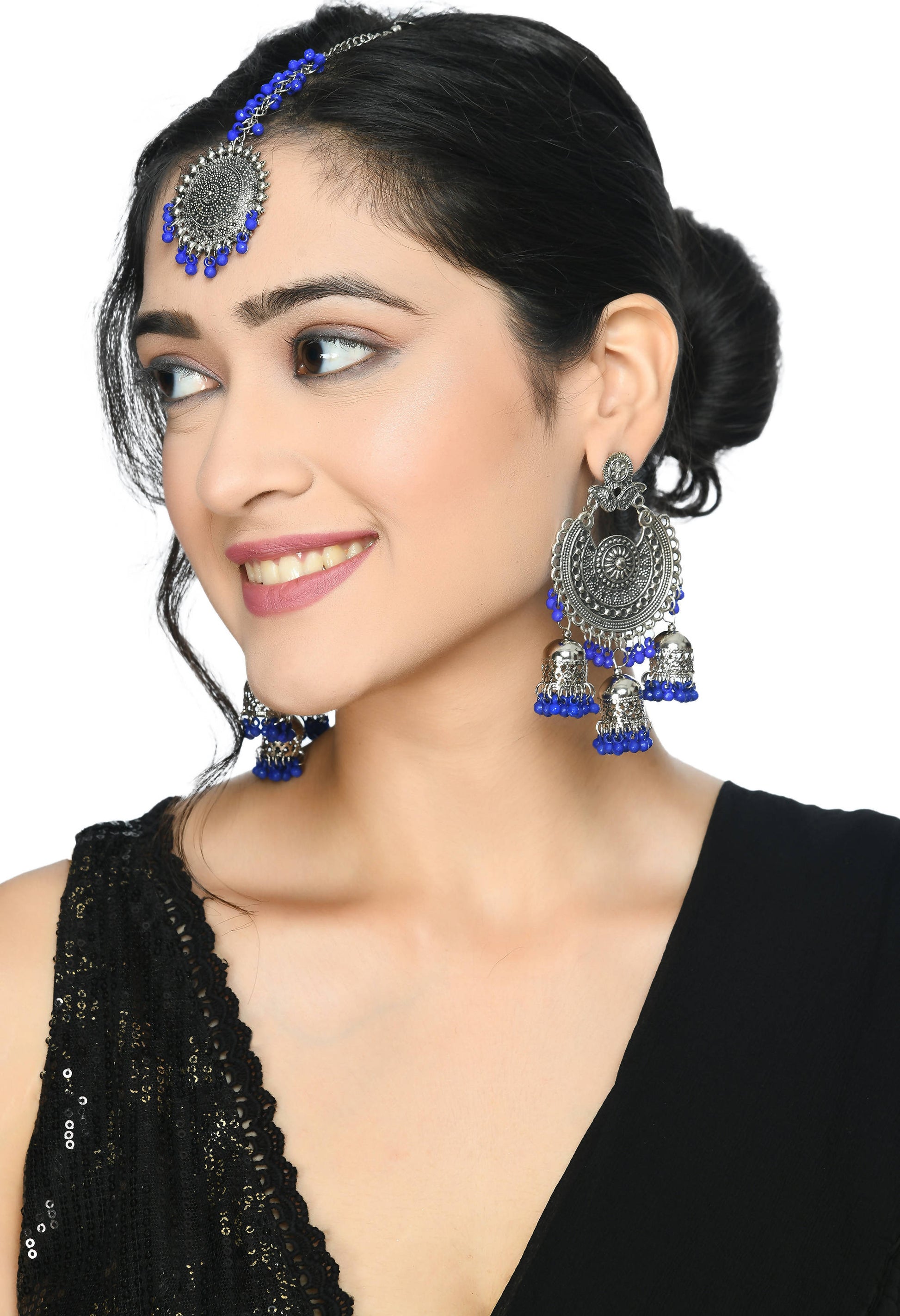 Mominos Fashion Johar Kamal Silver Jhumkas With Maang Tikka Earrings - Grab2buy
