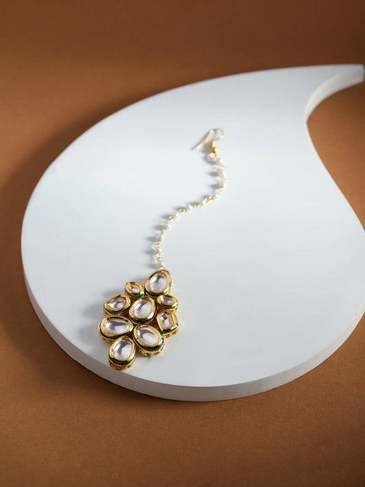 White Gold-Plated Kundan Studded Beaded Maang Tikka - Ruby Raang - Grab2buy