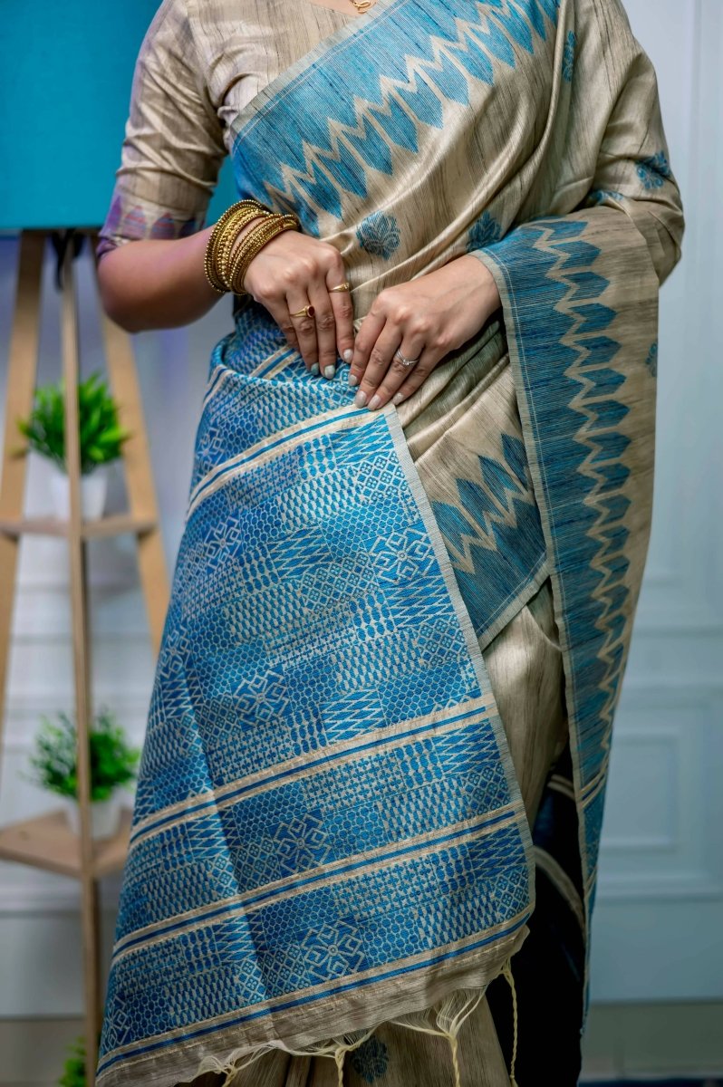 Aastha Fashion Blue Thread Woven Handloom Tussar Silk Saree with Blouse - Grab2buy