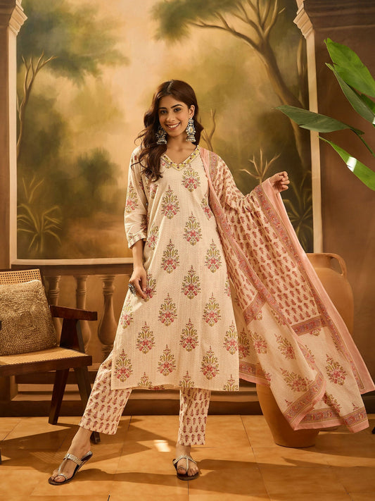Joban Fashion Printed Cream Pure Cotton Kurta Set