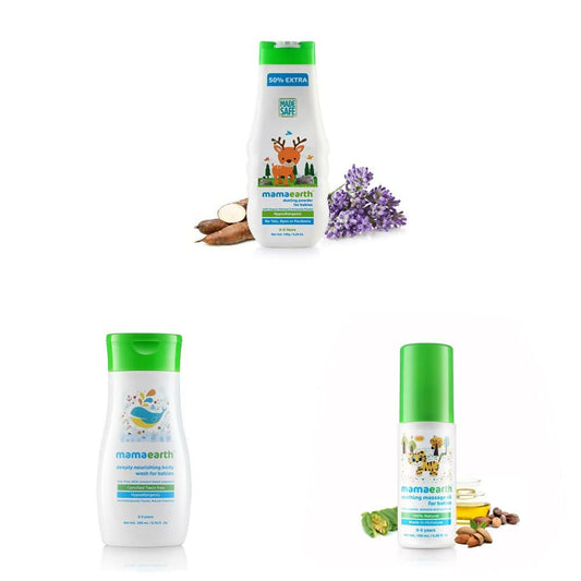 Mamaearth Dusting Powder & Soothing Massage Oil & Deeply Nourishing Wash for Babies Genie India