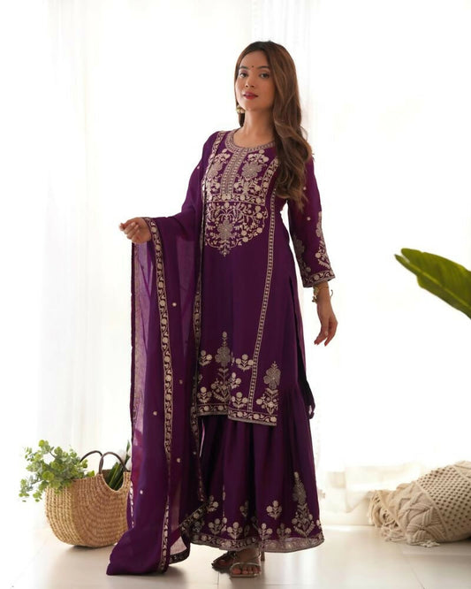 Lehenga Mart Designer Sharara Suit With Kurta, Sharara, Dupatta For Women-Purple