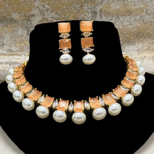 Orange Partywear American Diamond Necklace Set For Women By House of Ree House of Ree