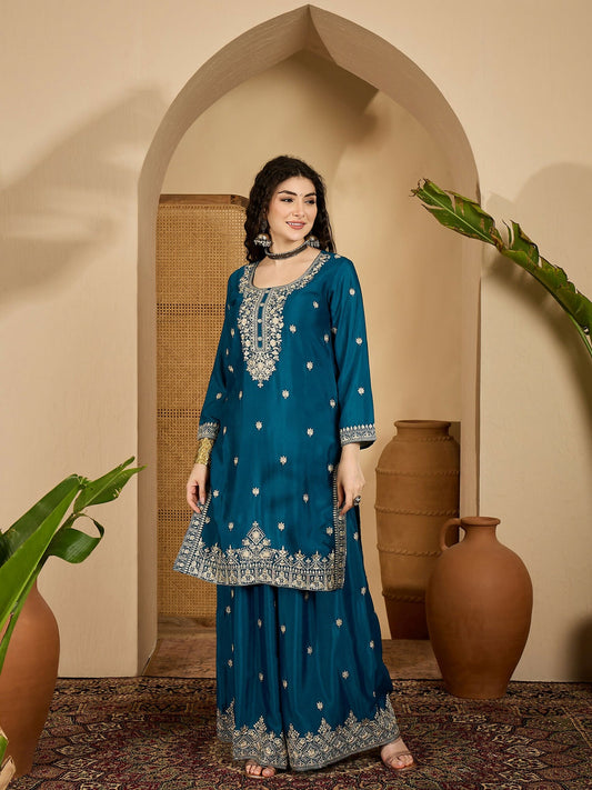 Joban Fashion Embroidery Teal Chinon Silk Kurta Set