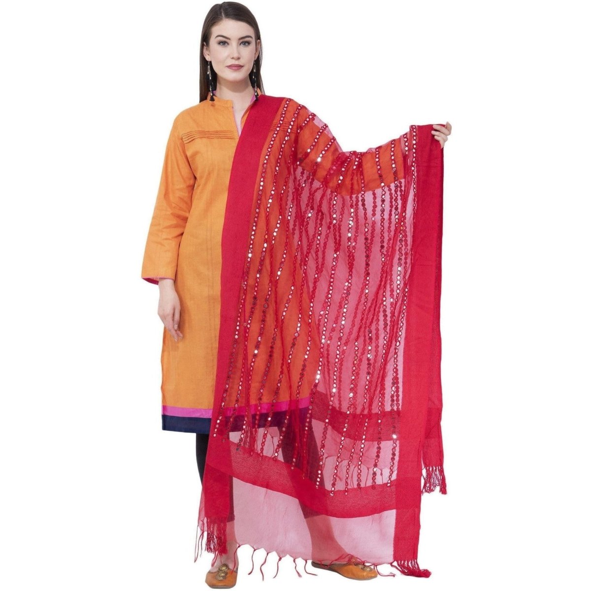 A R Silk Women's Mirror Work Orgenza Cotton Red Dupattas and Chunnis