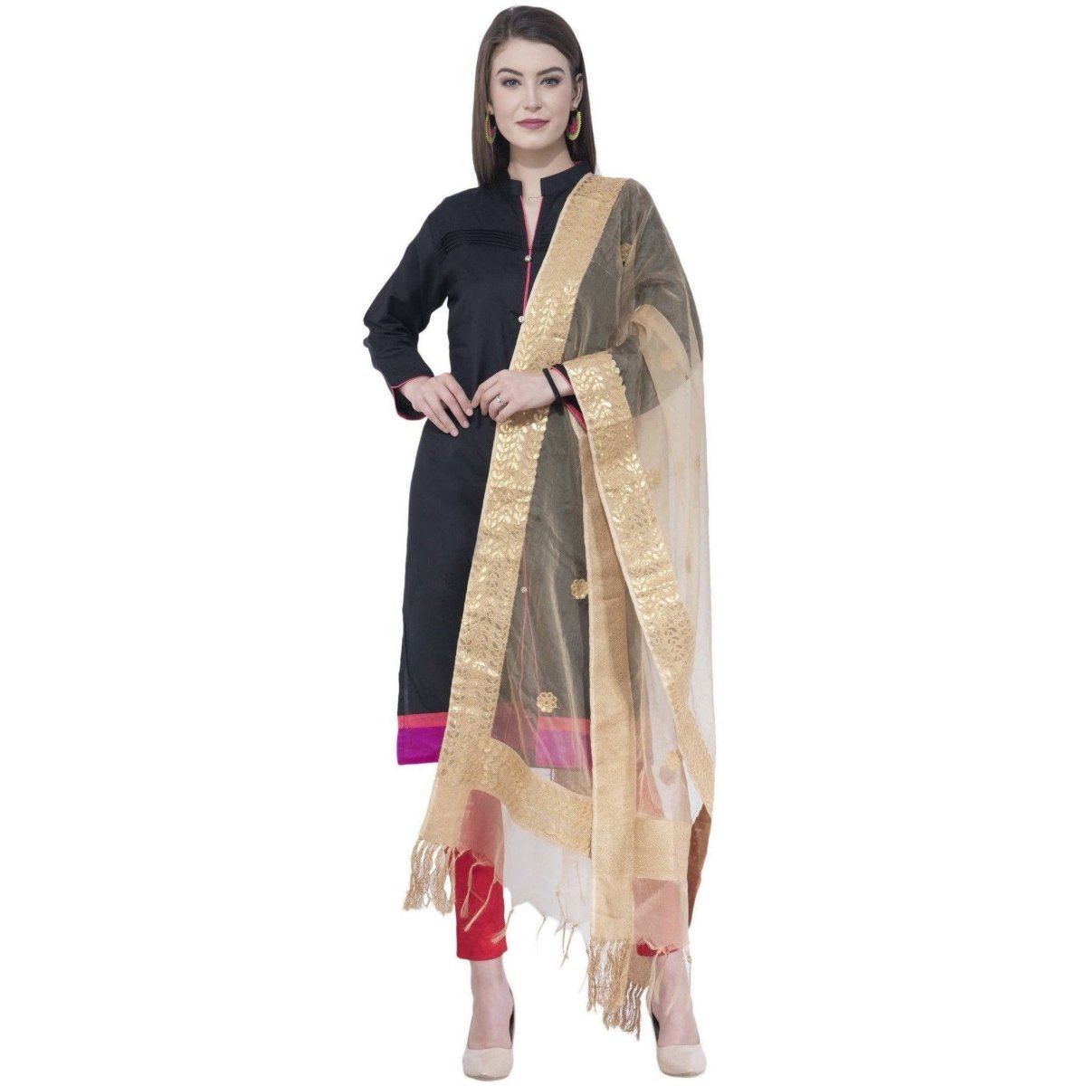 A R Silk Women's Gotta Patti Embroidery Orgenza Cotton Golden Dupattas and Chunnis
