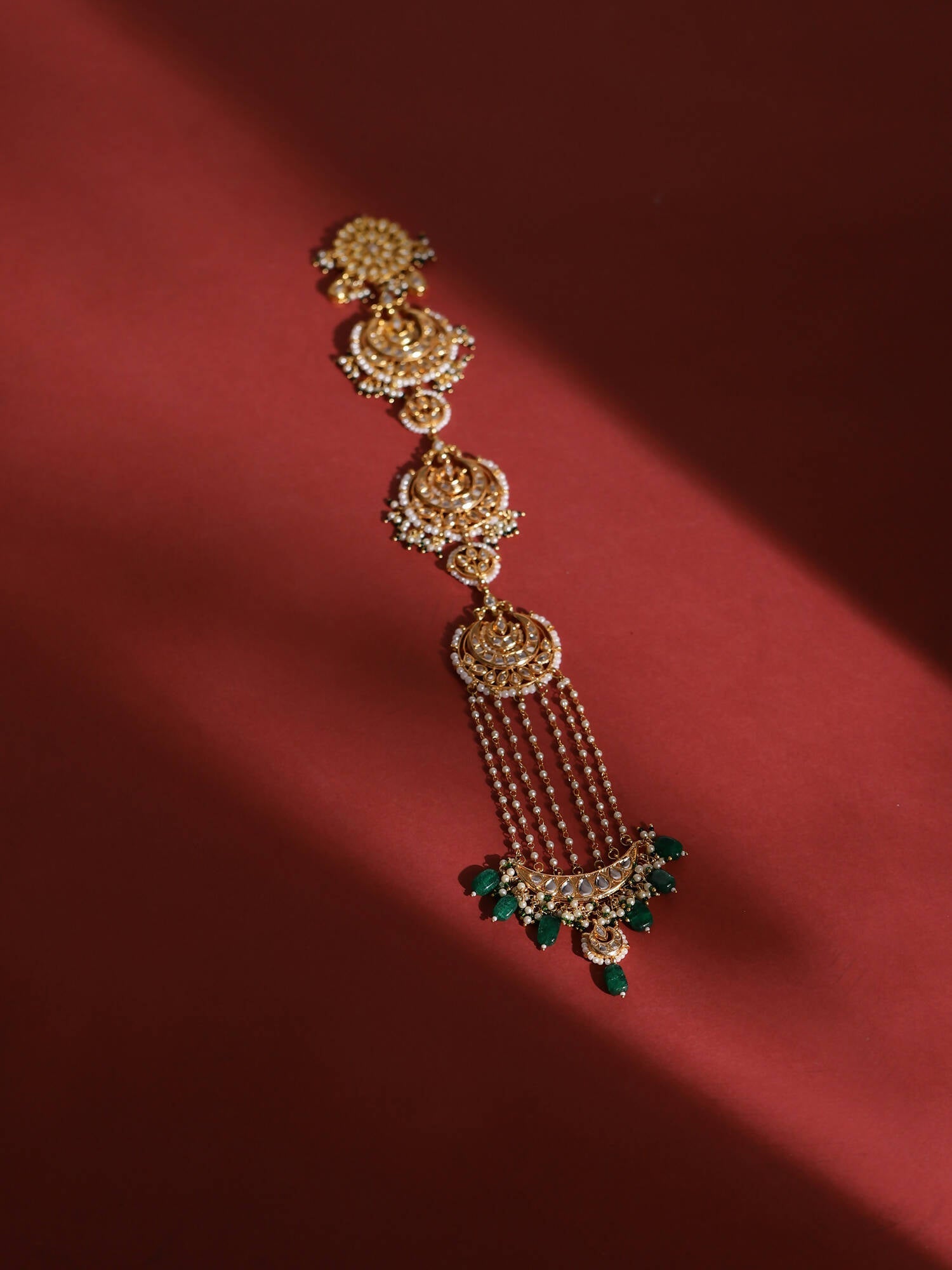 Gold-Plated Green Kundan Stone-Studded Head Chain - Ruby Raang - Grab2buy