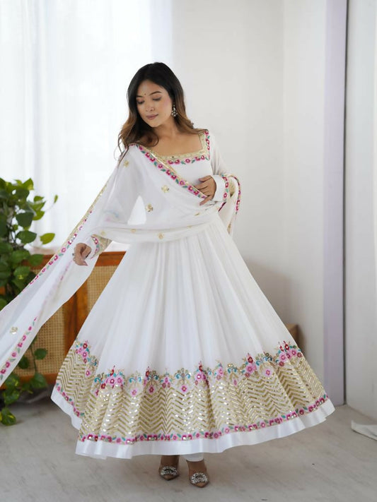 Joban Fashion White Georgette Sequence Embroidery Work Readymade Kurta Set