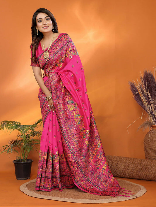 Joban Fashion Rani Pink Meena Weaves Pashmina Sarees