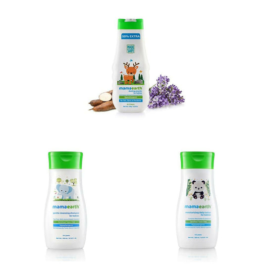 Mamaearth Dusting Powder & Gentle Cleansing Shampoo & Daily Moisturizing Lotion Genie India