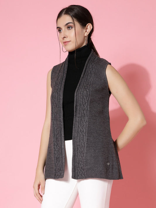 Women Charcoal Acrylic Self Design Winter Cardigan - Wool Trees