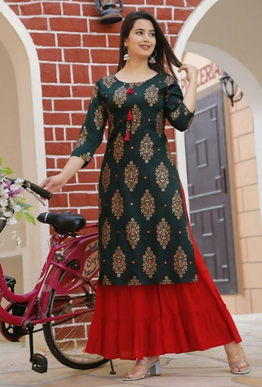 Alvano Printed Kurta With Sharara Set for Women's and Girls Rayon (Green)