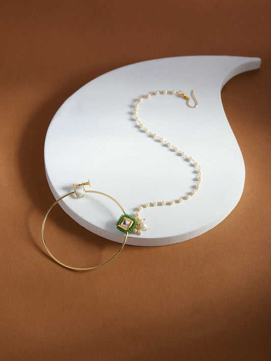 Gold-Plated Green White Kundan Studded Beaded Chained Nosepin - Ruby Raang - Grab2buy