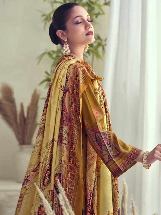 Aastha Fashion Women's Mustard Muslin Floral Digital Print with Resham Thread work Kurta with Trouser & Dupatta - Grab2buy