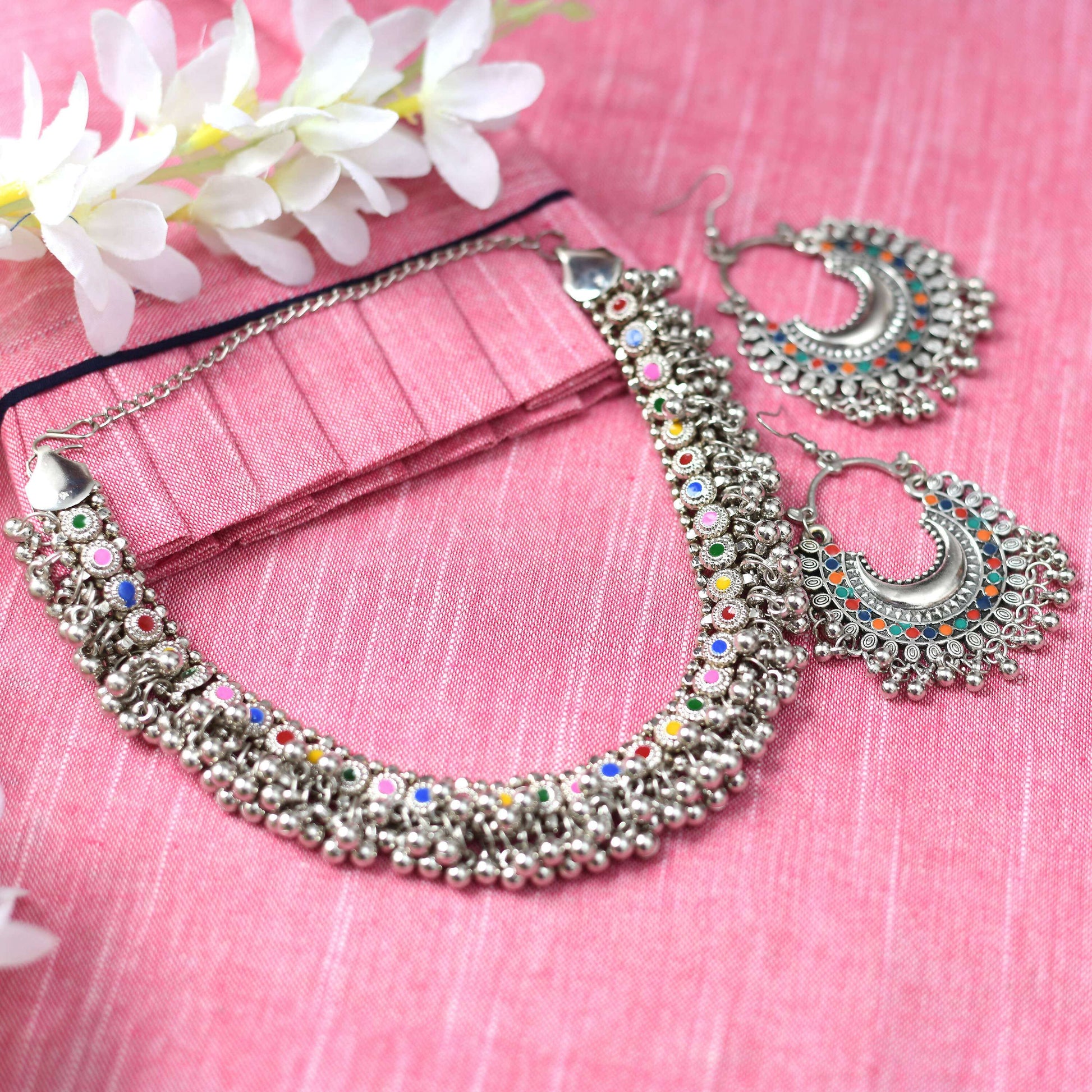 Mominos Fashion Johar Kamal Oxidised Silver-Plated Meena Work Choker Set - Grab2buy