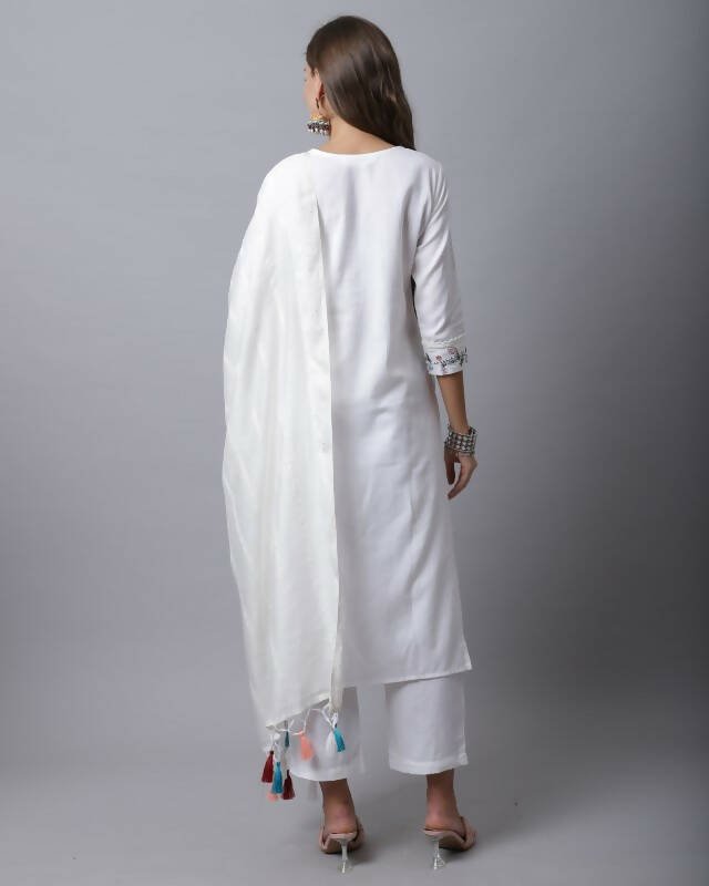 Aastha Fashion Women's White Cotton Flex Jaipuri Printed Kurta with Trouser & Dupatta - Grab2buy