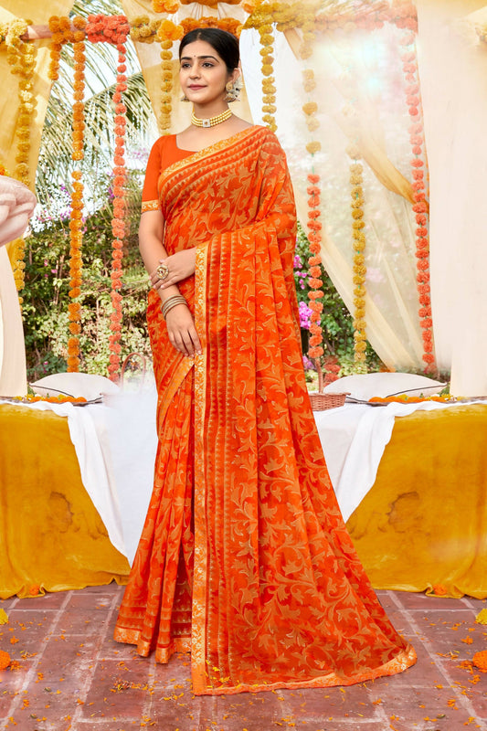 Orange Georgette Foil Printed Saree with Unstitched Blouse piece - Avika