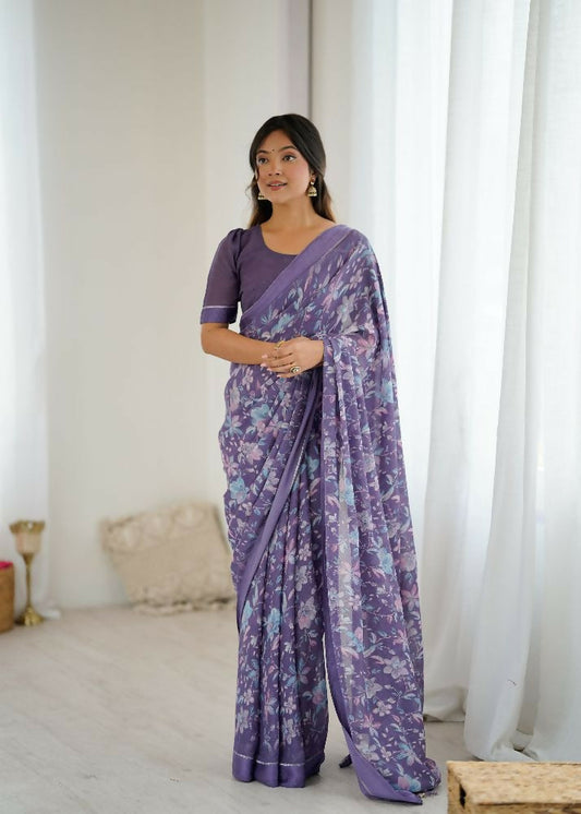 PR Fashion Lavender Bright Moss Satin Patta Printed Saree