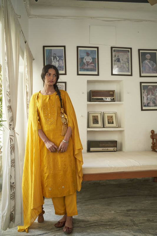 Mustard Rayon Sequence Embroidery work Straight kurta with Pant & Dupatta - Akashara