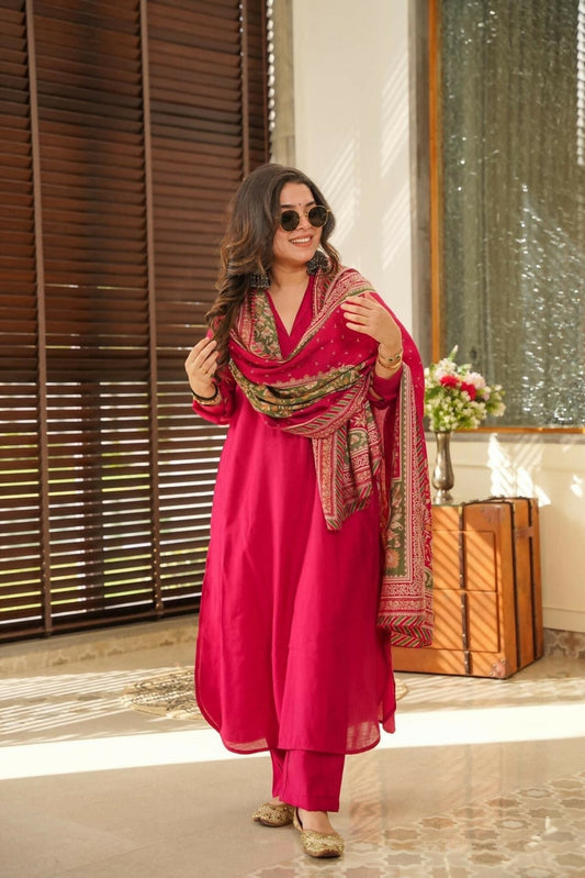 The52 Rani Women's Beautiful South Cotton Fabric Straight Kurta with Pant And Dupatta Set | Grab2Buy