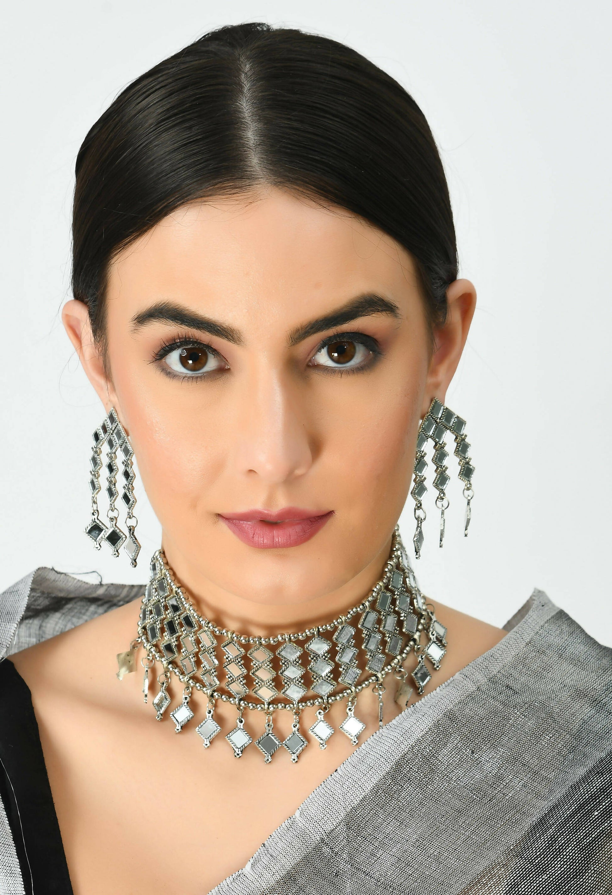 Mominos Fashion Johar Kamal Oxidised Silver-Plated Alloy Finish Mirror Choker For Women - Grab2buy