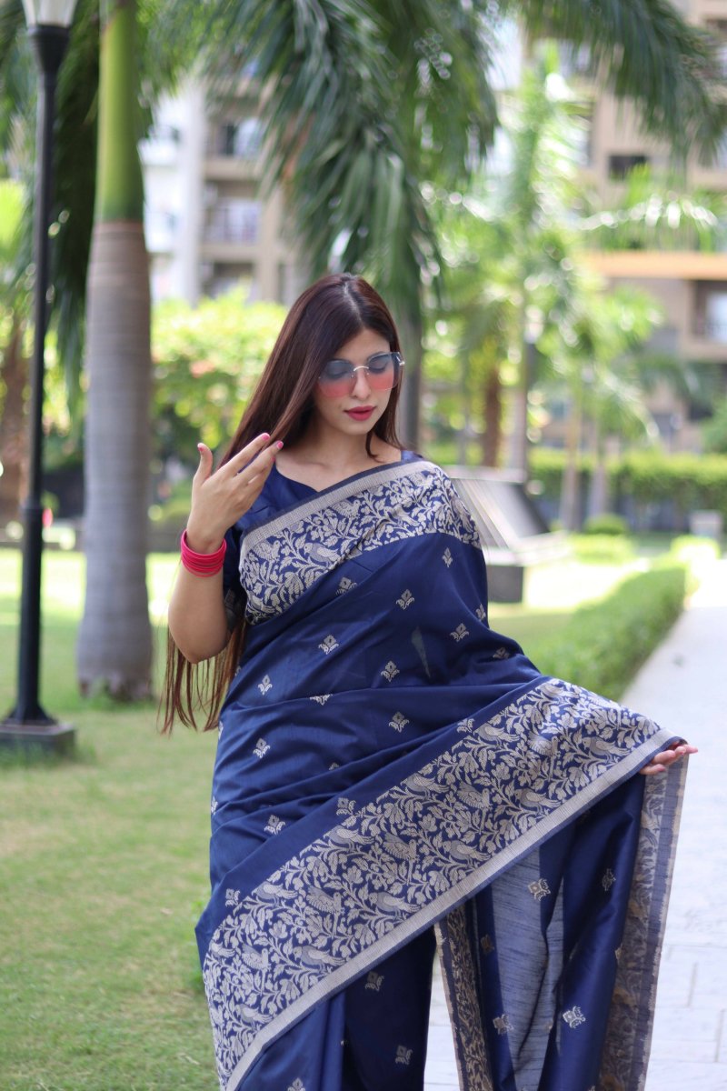 Aastha Fashion Navy Blue Woven Handloom Raw Silk Saree with Blouse - Grab2buy