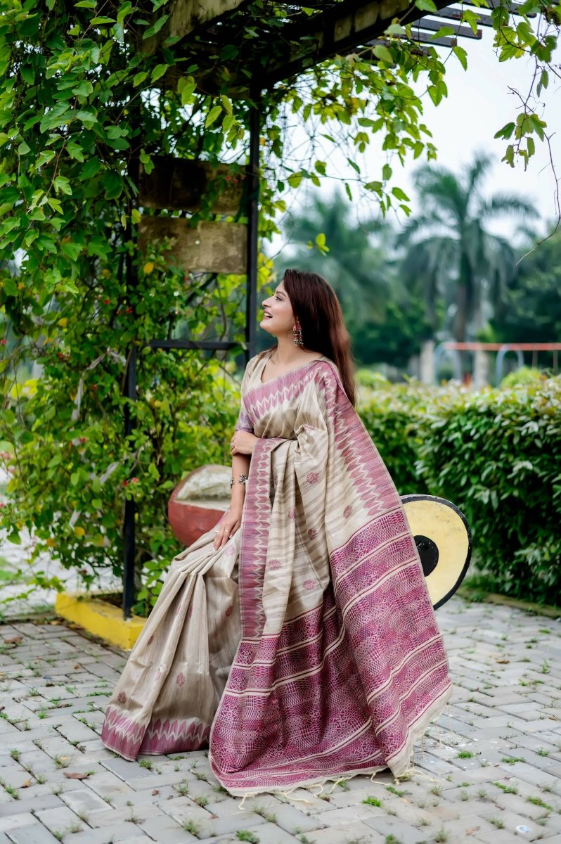 Aastha Fashion Wine Thread Woven Handloom Tussar Silk Saree with Blouse - Grab2buy