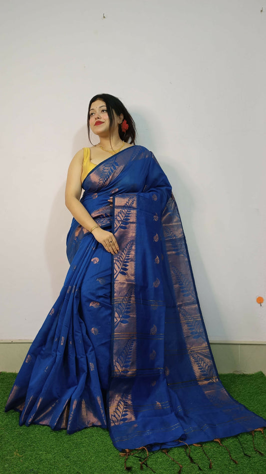 Exclusive Collection Beautiful Blue Cotton Silk Woven Handloom Grab2Buy With Running Blouse Piece