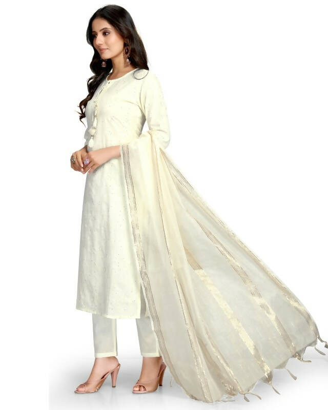 Aastha Fashion Women's Off White Cotton Flex Embroidered Kurta with Trouser & Dupatta - Grab2buy