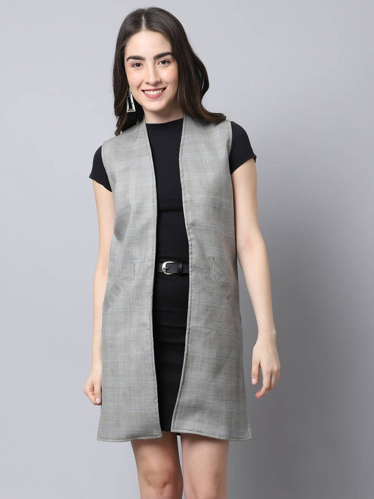 Even Apparels Grey Polywool Open Front Checked Women's Long Coat Grab2Buy Even Apparels Grab2Buy